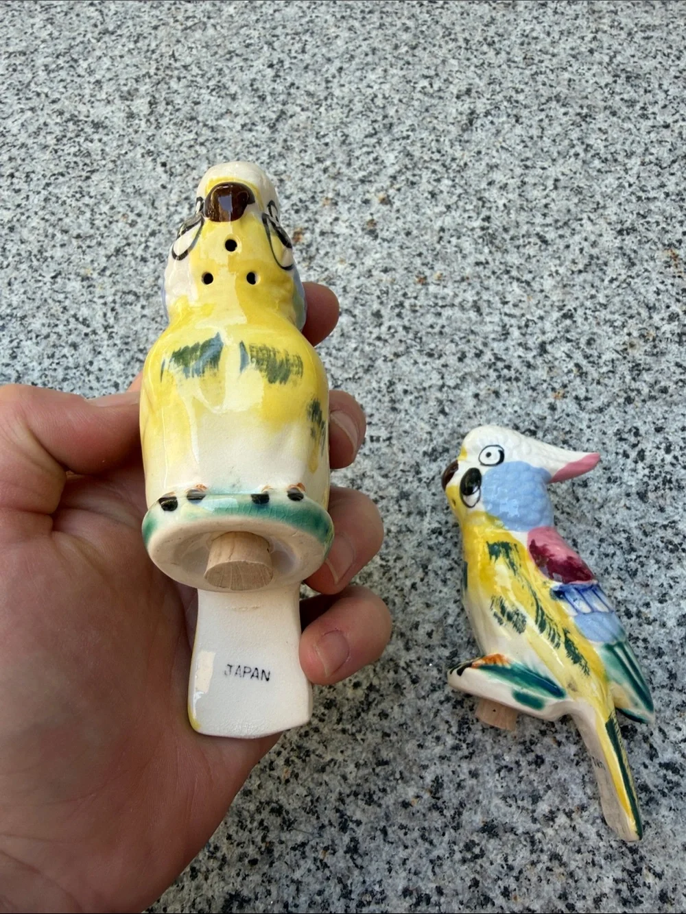 Pair of Ceramic Parakeet Bird salt and pepper shakers in Yellow & Multicolor